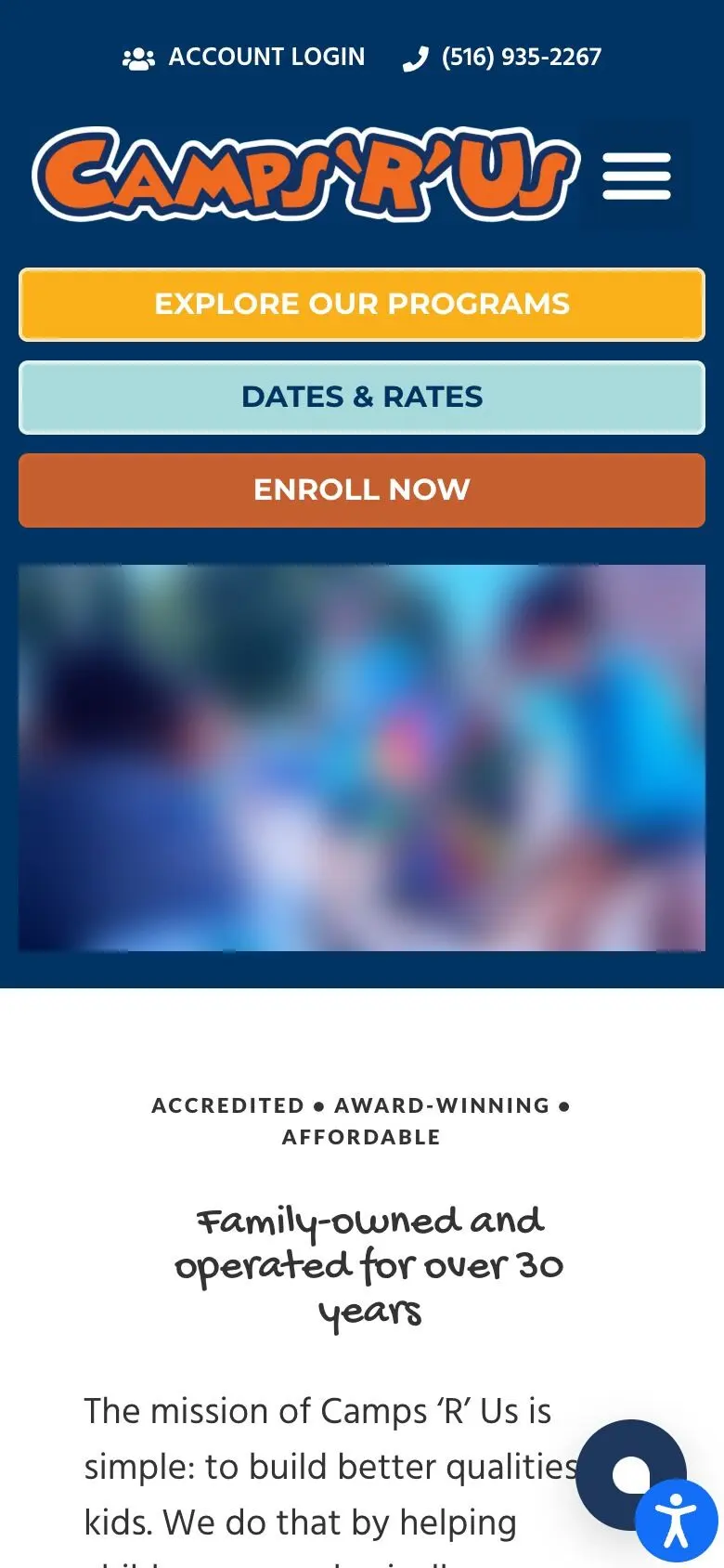 Camps 'R' Us website on a phone