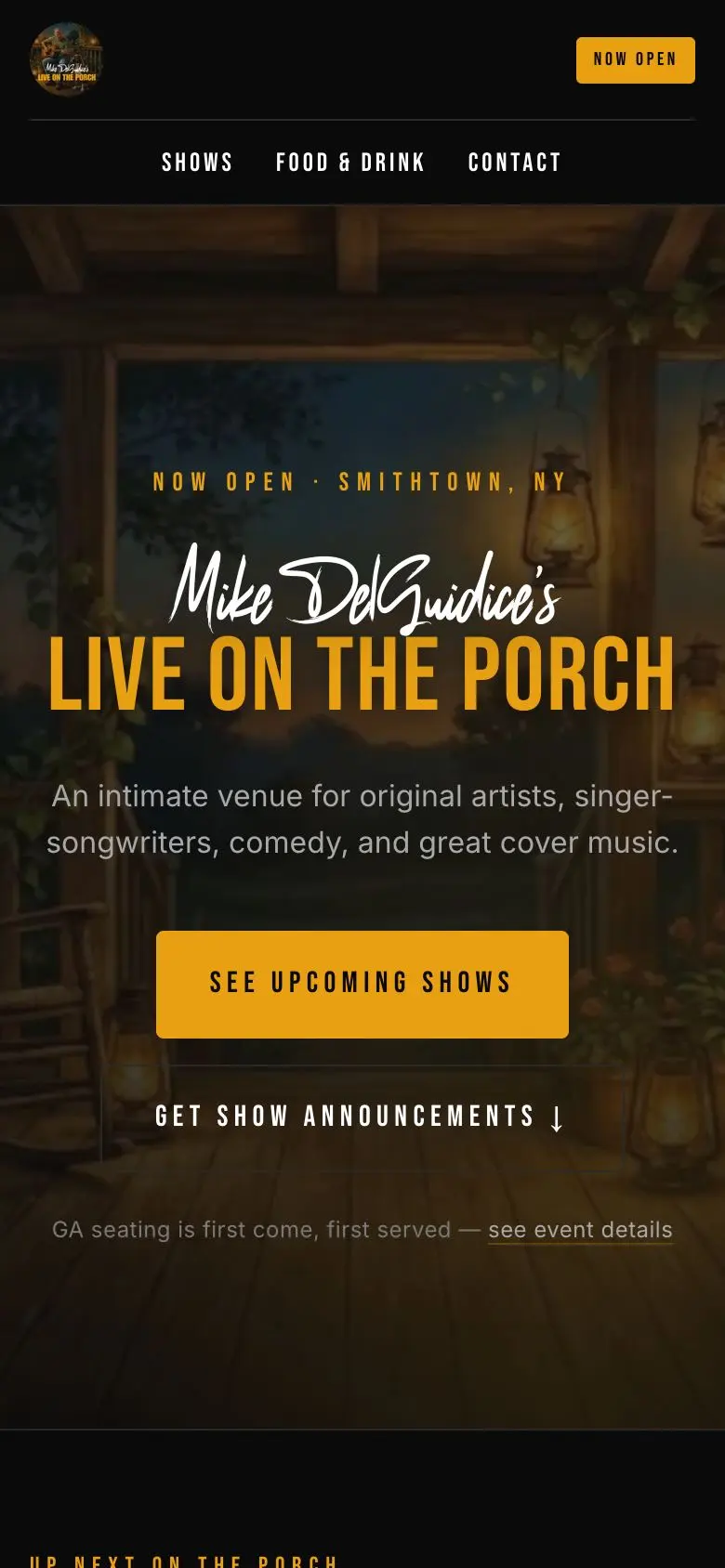 Live On The Porch website on a phone
